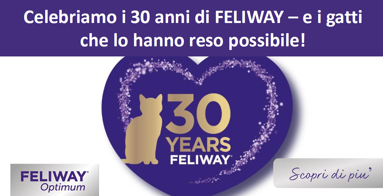 Distintivo a forma di cuore viola con una silhouette dorata di gatto e il testo "30 Years FELIWAY", circondato da un contorno scintillante a cuore.